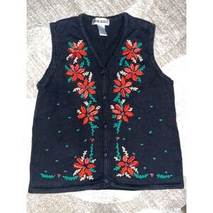 Theme Works Vintage Christmas Poinsettia Sweater Vest Black Embroidered Floral M